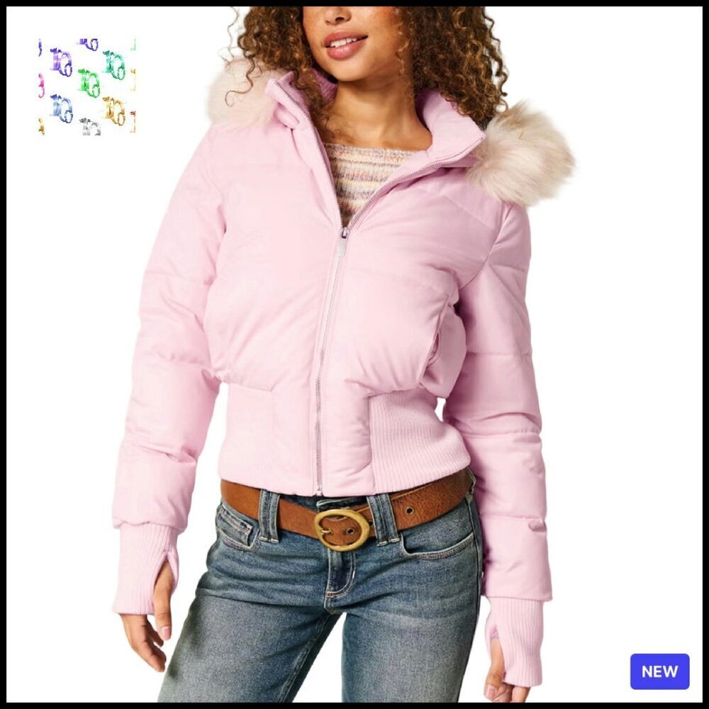 Faux Fur Trim Hooded Puffer Bomber Jacket Winter Warm Quilted Cropped